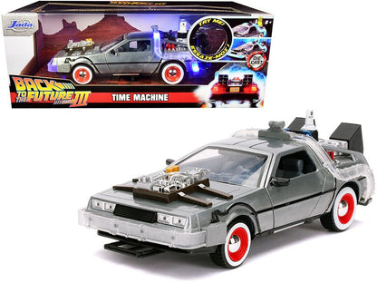 DeLorean Brushed Metal Time Machine with Lights "Back to the Future Part III" (1990) Movie "Hollywood Rides" Series 1/24 Diecast Model Car by Jada  free shipping USA