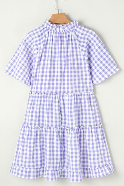 Plaid Tie Neck Short Sleeve Babydoll Mini Dress