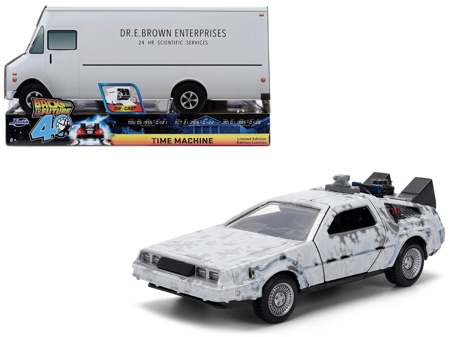 DMC DeLorean Time Machine Brushed Metal (Frost Version) "Back to the Future" (1985) Movie "40th Anniversary" Special Packaging "Hollywood Rides" Series 1/32 Diecast Model Car by Jada  free shipping USA
