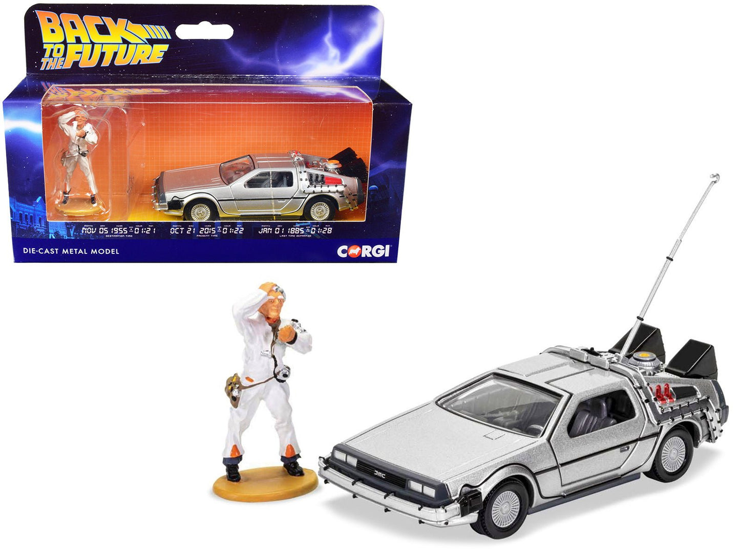 DMC DeLorean Time Machine with Doc Brown Figure "Back to the Future" (1985) Movie Diecast Model Car by Corgi  free shipping USA