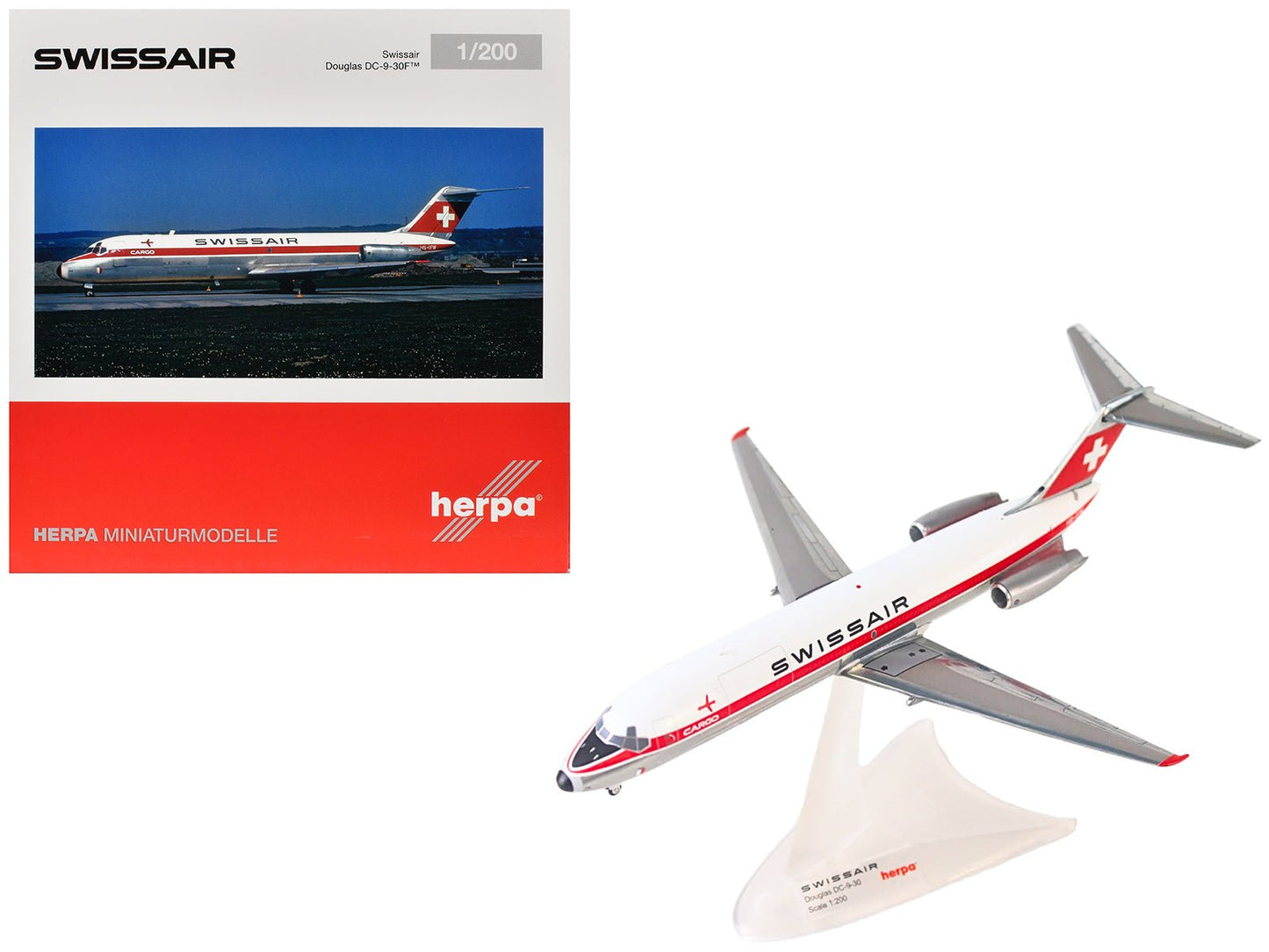 Douglas DC-9-30F Commercial Aircraft "Swissair" (HB-IFW) White with Red Stripes 1/200 Diecast Model Airplane by Herpa  free shipping USA