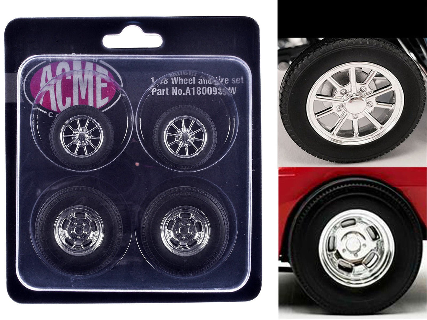 "Drag" Wheel and Tire Set of 4 pieces from 1961 Chevrolet Corvette Gasser for 1/18 Scale Models by ACME  free shipping USA
