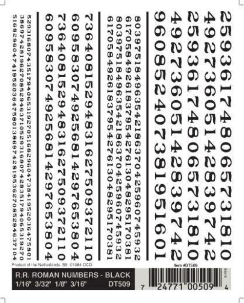 Woodland Scenics DT509 RR Roman Numbers Black 1/16-3/16" Train Decal Sheet