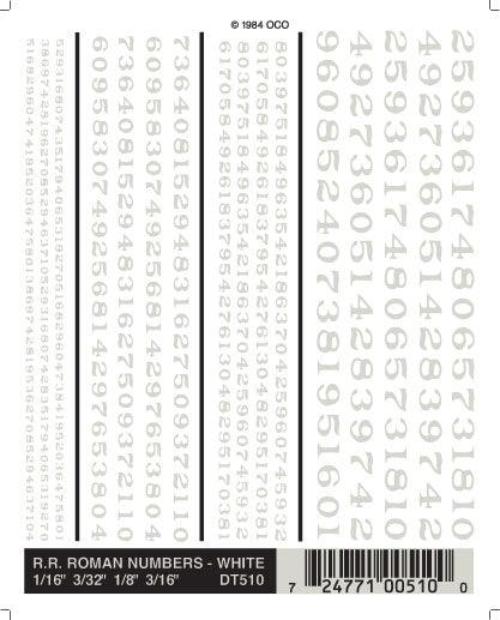 Woodland Scenics DT510 RR Roman Numbers White 1/16-3/16" Train Decal Sheet