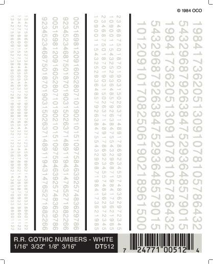 Woodland Scenics DT512 RR Gothic Numbers White 1/16-3/16" Train Decal Sheet