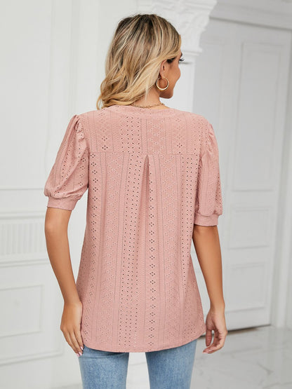 Florira Eyelet Notched Short Sleeve T-Shirt
