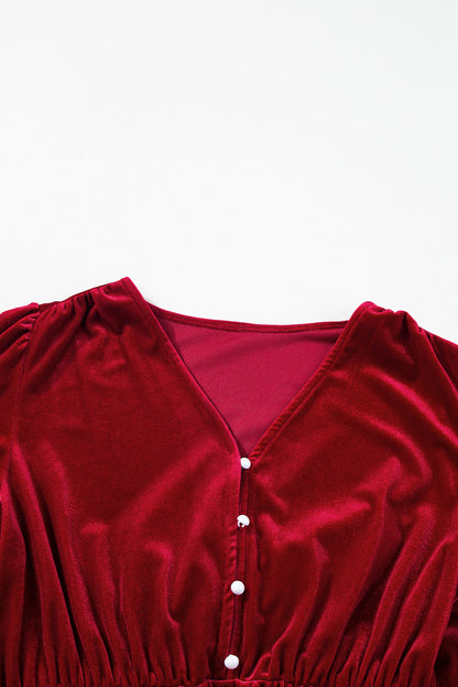 Olivia Velvet Buttoned Puff Sleeve V Neck Split Midi Dress by Poppy Lee Lane