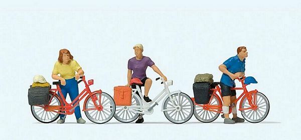 Preiser 10637 HO Scale Cyclists Waiting At Crossing 3 Figures, 3 Bikes
