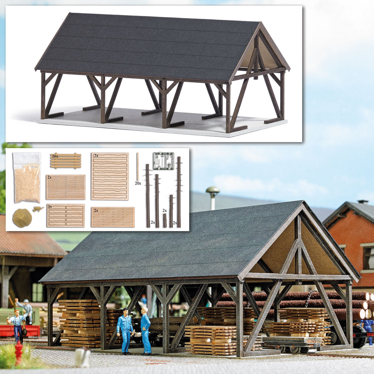 Busch 1677 HO Scale Lumber Drying Shelter Wood Kit