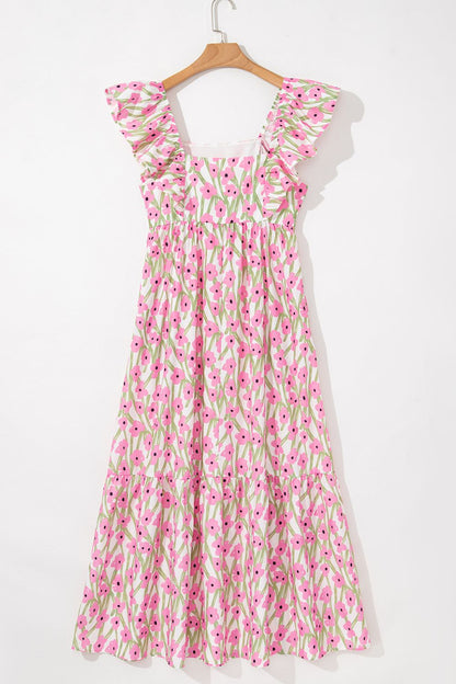 Floral Print Square Neck Ruffled Cap Sleeve Maxi Dress