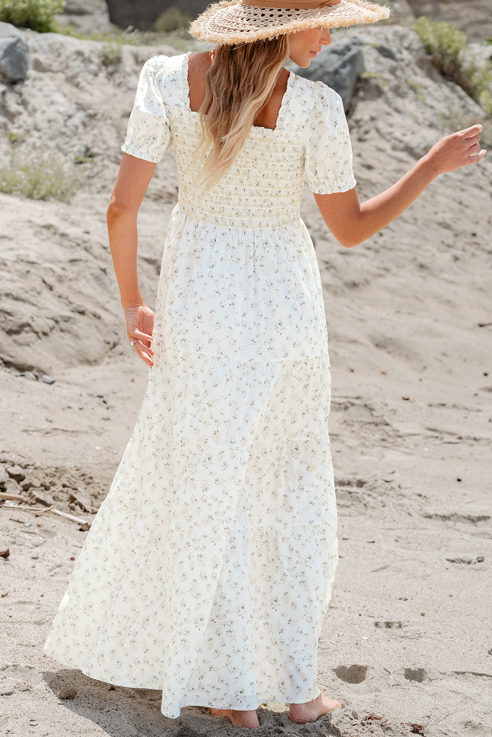Frilly Shirred Bodice Tiered Floral Maxi Dress by Poppy Lee Lane