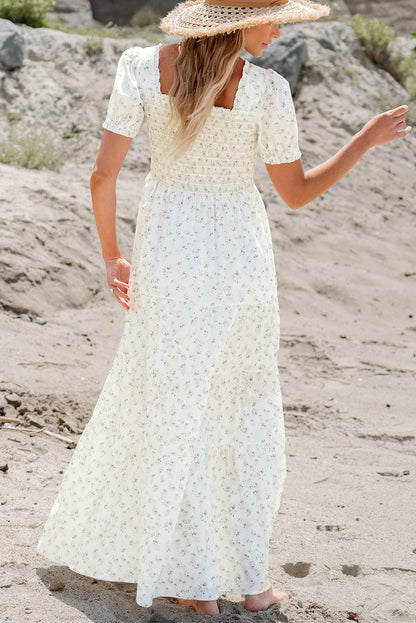 Frilly Shirred Bodice Tiered Floral Maxi Dress by Poppy Lee Lane