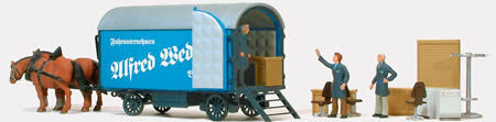 Preiser 30494 HO Scale Working People Moving Wagon with 2 Horses