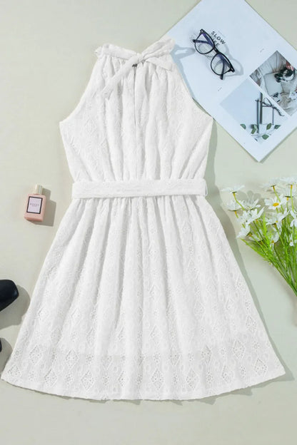 Lace Sleeveless Tied Waist Mini Dress