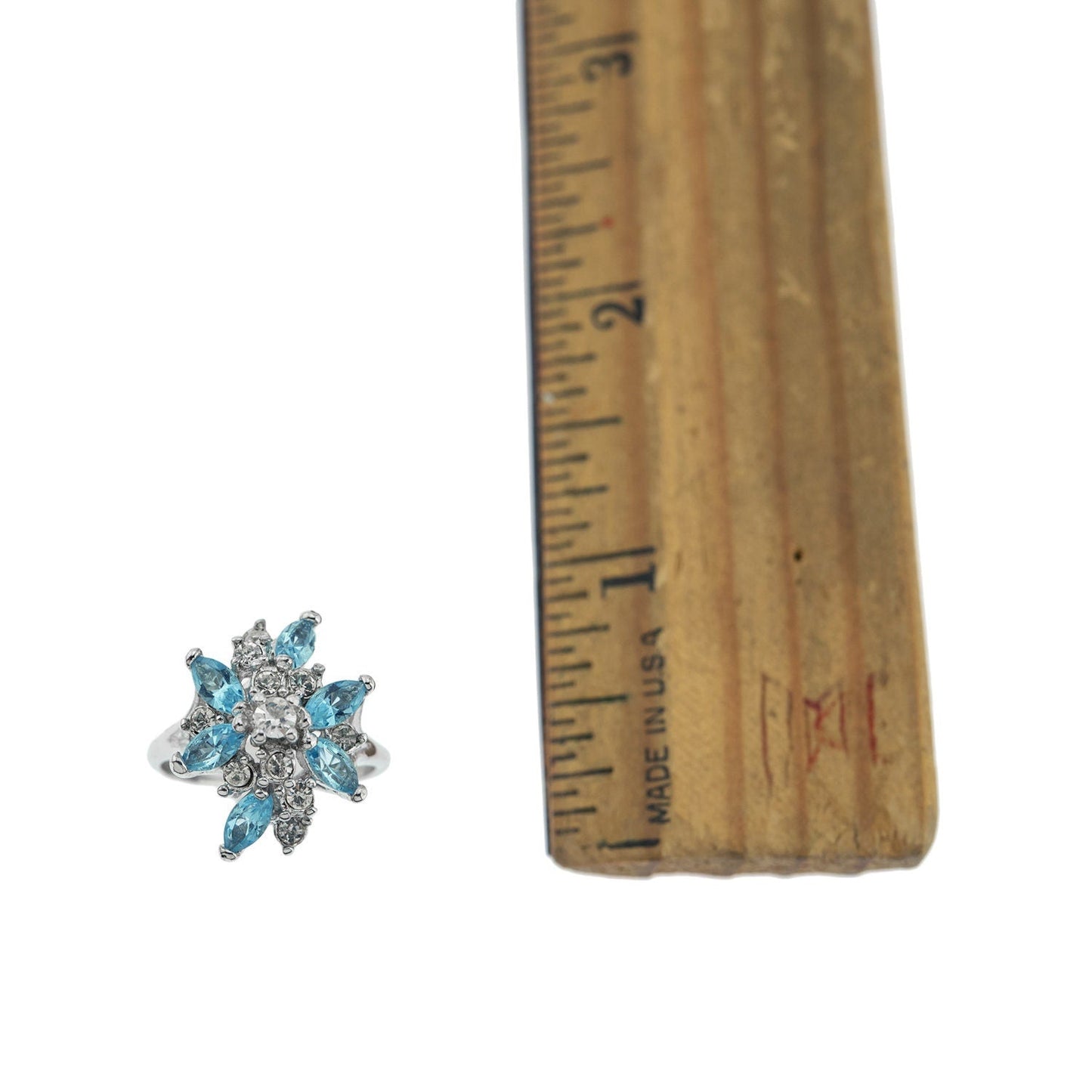 Vintage Ring Aquamarine and Clear Swarovski Crystals 18k White Gold Unique Cluster Antique Womans #R1863-AQW Size: 4 by PVD Vintage Jewelry