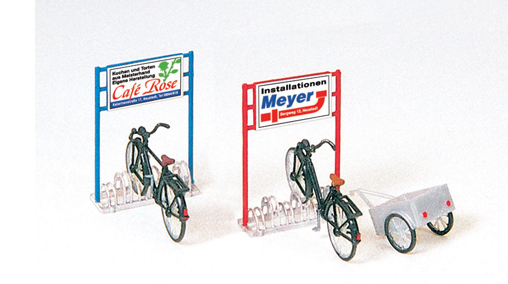 Preiser 17163 HO Scale Bicycle Stand, Bicycles & Trailer Kit