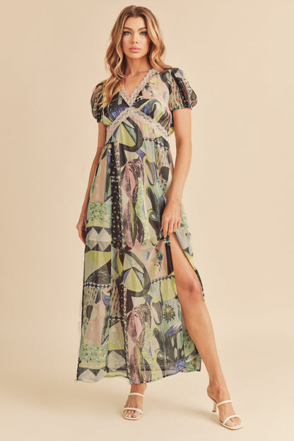 Aemi + Co Lace Detail Slit Geometric Print Short Sleeve Maxi Dress