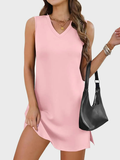 Slit V-Neck Sleeveless Mini Dress