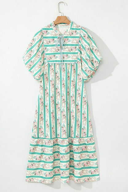 Striped Floral Print Tie Neck Puff Sleeve Midi Dress