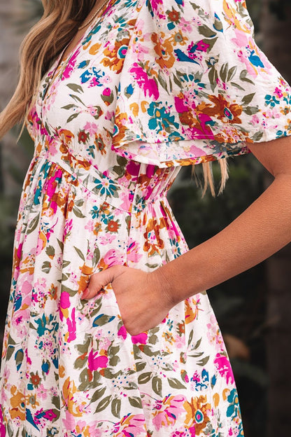 Floral Short Sleeve V Neck Dress with Pockets