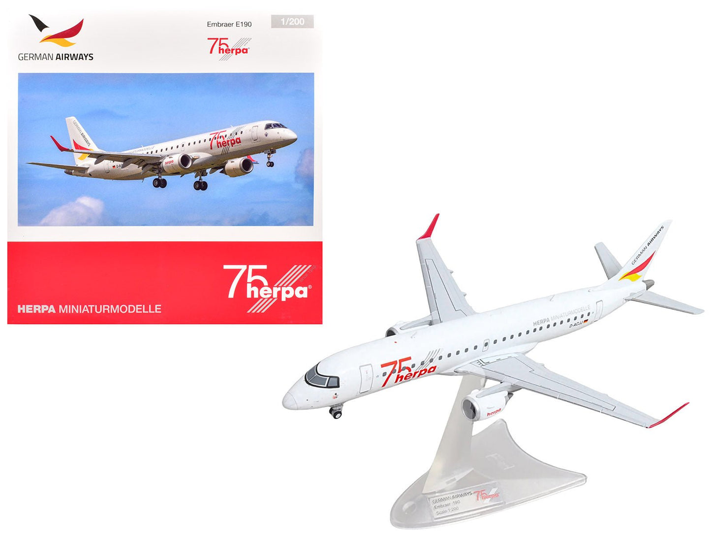 Embraer E190 Commercial Aircraft "German Airways - Herpa 75 Years" (D-ACJJ) White with Graphics 1/200 Diecast Model by Herpa  free shipping USA