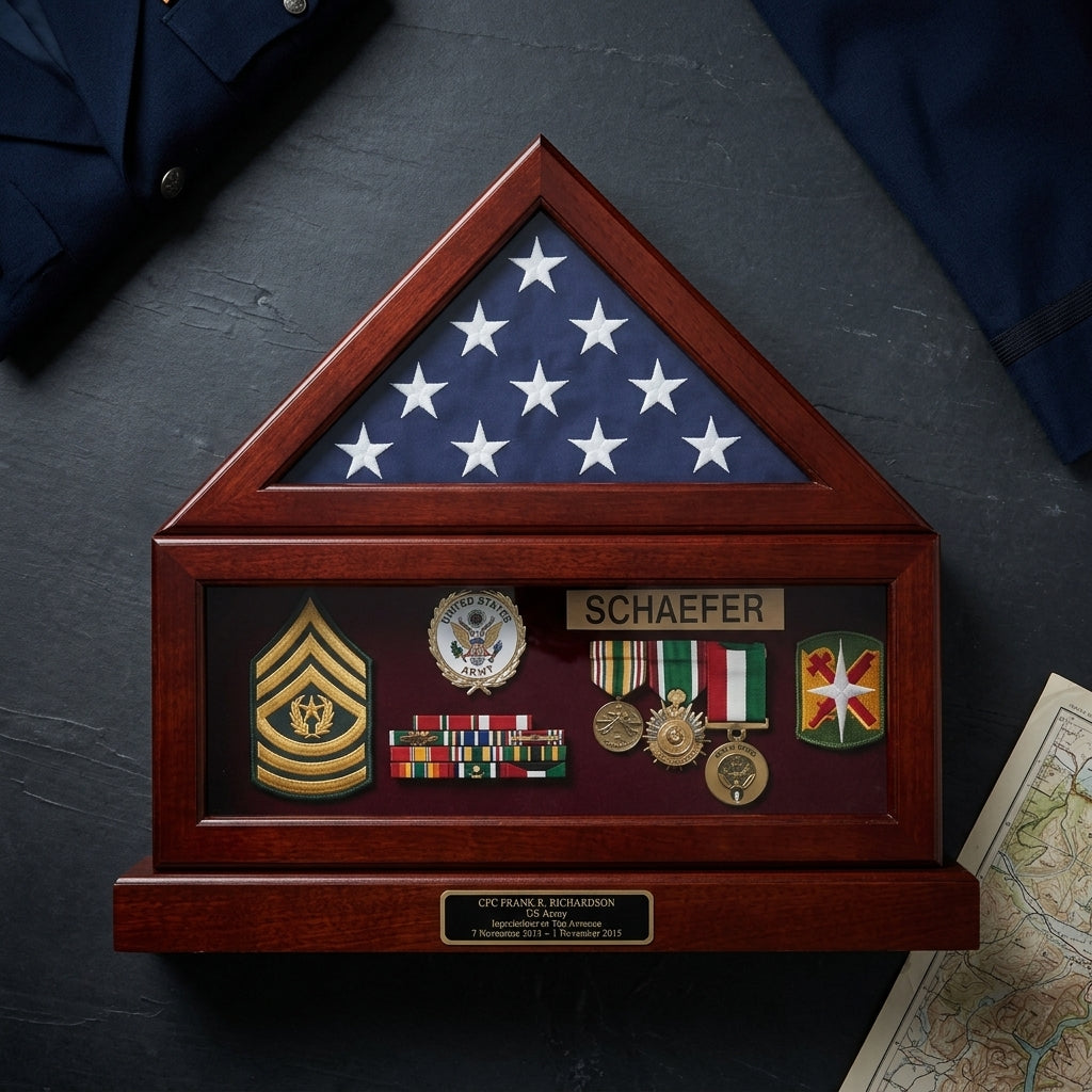 Combination Flag Display Case Shadow Box, Flag medal pedestal - Medallions in Solid Brass