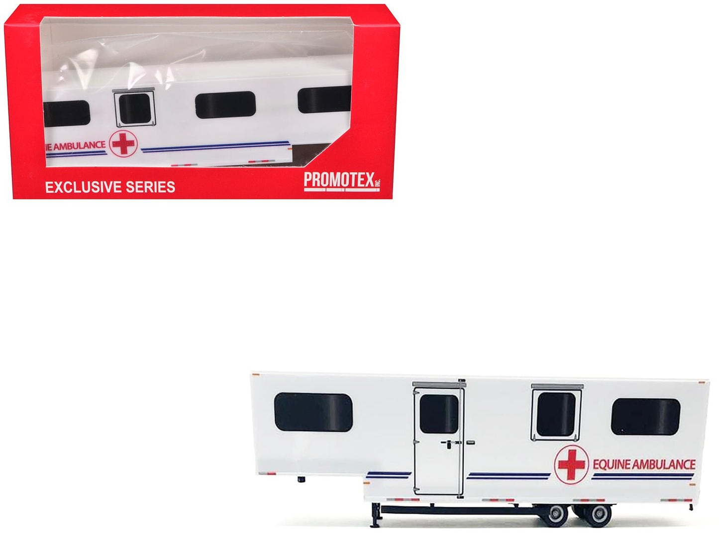 Equine Ambulance Trailer White with Blue Stripes 1/87 (HO) Plastic Model by Promotex  free shipping USA