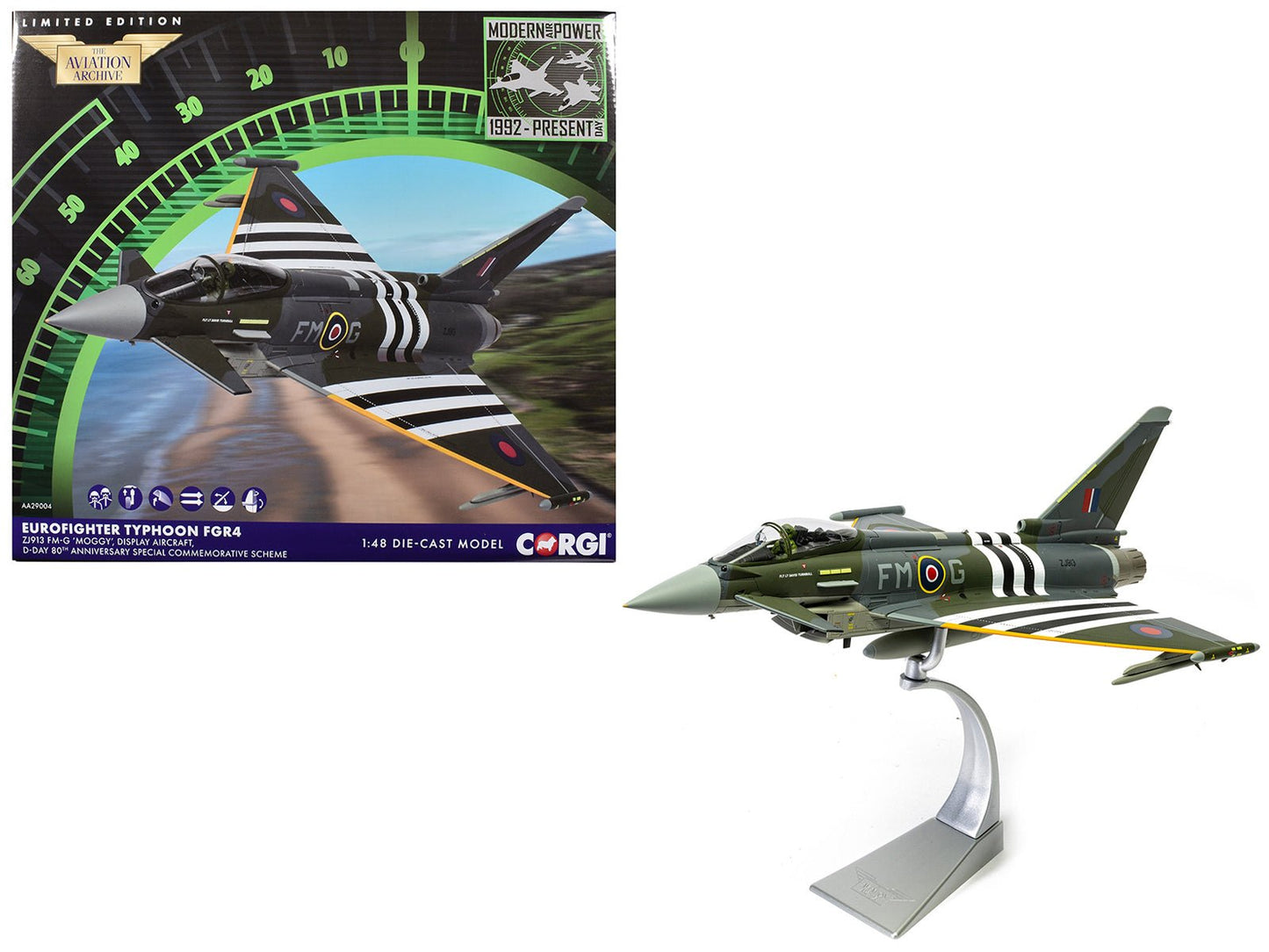 Eurofighter Typhoon FGR4 Fighter Aircraft "ZJ913 FM-G Moggy D-Day 80th Anniversary Display Scheme" (2024) Royal Air Force "The Aviation Archive" Series 1/48 Diecast Model by Corgi  free shipping USA