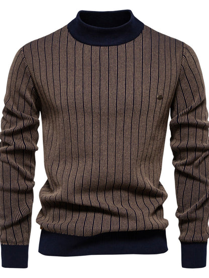 Men's Mock Neck Contrast Striped Sweater