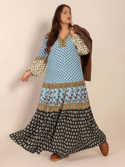 Plus Size Printed V-Neck Balloon Sleeve Maxi Dress