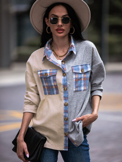 Shiny Plaid Contrast Drop Shoulder Shacket