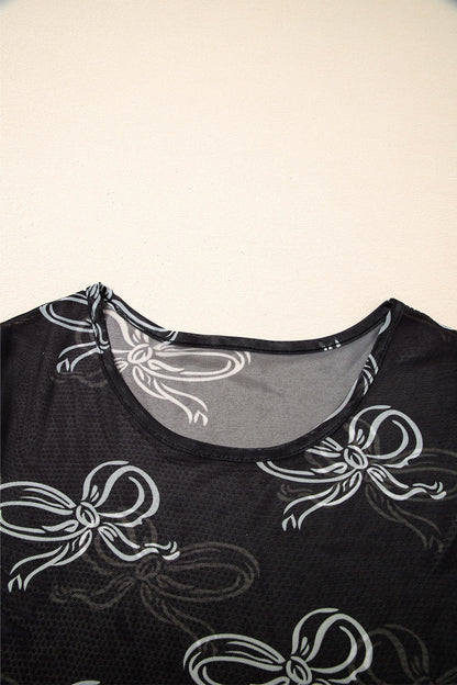 Bow Mesh Round Neck Short Sleeve T-Shirt