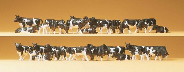 Preiser 14408 HO Scale Dairy Cows pkg(30) Holsteins (black, white)