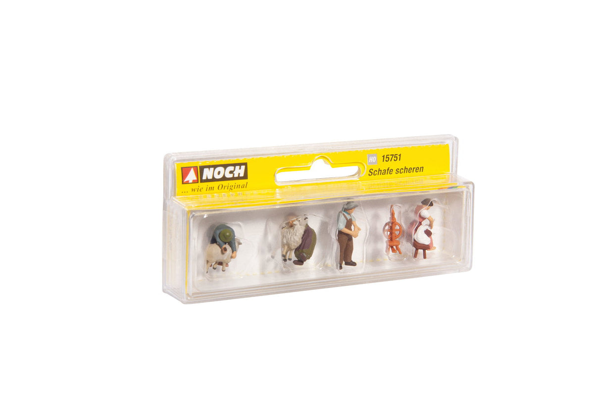 Noch 15751 HO Scale Sheep Shearing Figure Set, 4 People, 2 Sheep