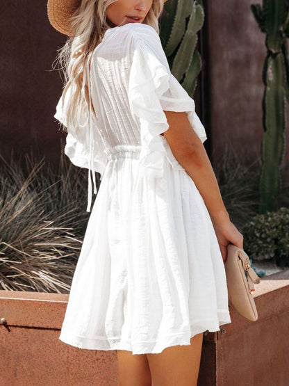 Drawstring Ruffled Half Sleeve Mini Dress