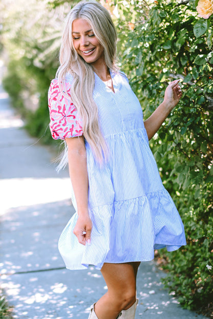 Stripe Contrast Floral Puff Sleeve Tiered Ruffle Dress by Poppy Lee Lane