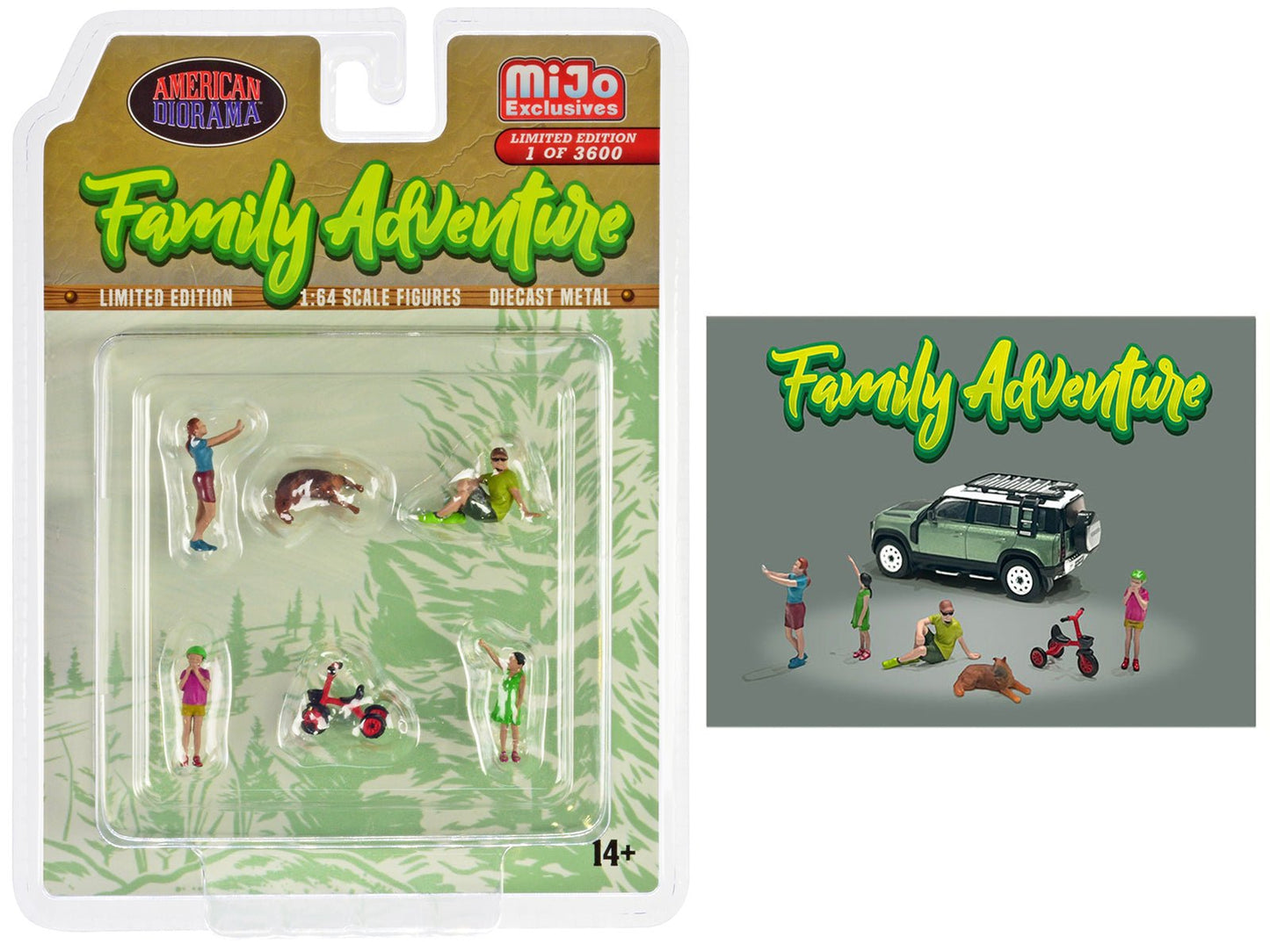"Family Adventure" 6 piece Diecast Figure Set (4 Figures 1 Dog 1 Tricycle) Limited Edition to 3600 pieces Worldwide 1/64 Scale Models by American Diorama  free shipping USA