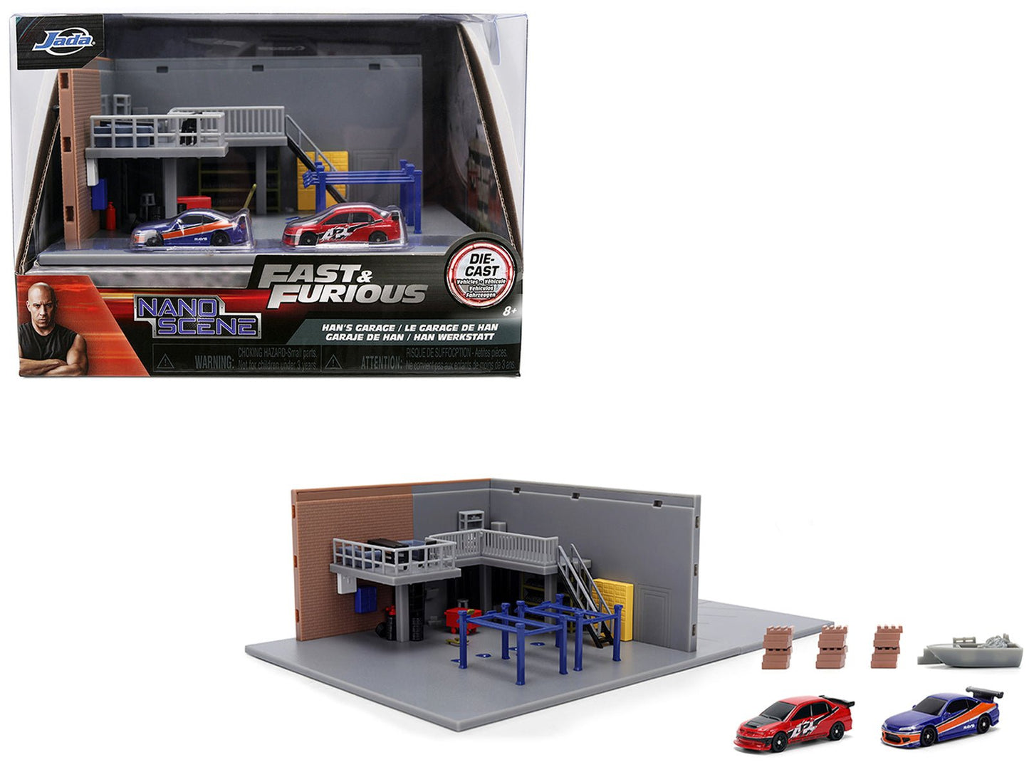 "Fast & Furious" Han's Garage Diorama with 2 Cars and Accessories "Nano Scene" Series 1/32 Model by Jada  free shipping USA