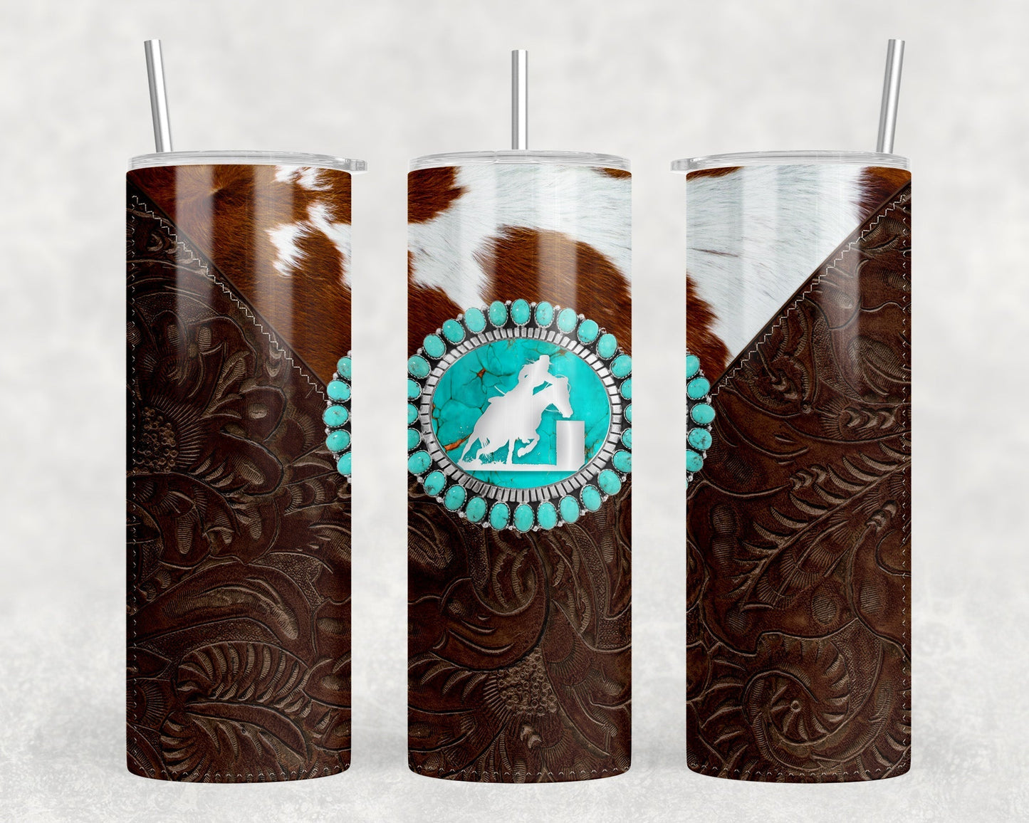 faux cowhide faux leather Barrel Racer - 20 oz Steel Skinny Tumbler - Optional Blue Tooth Speaker - Speaker Color will Vary by Rowdy Ridge Co