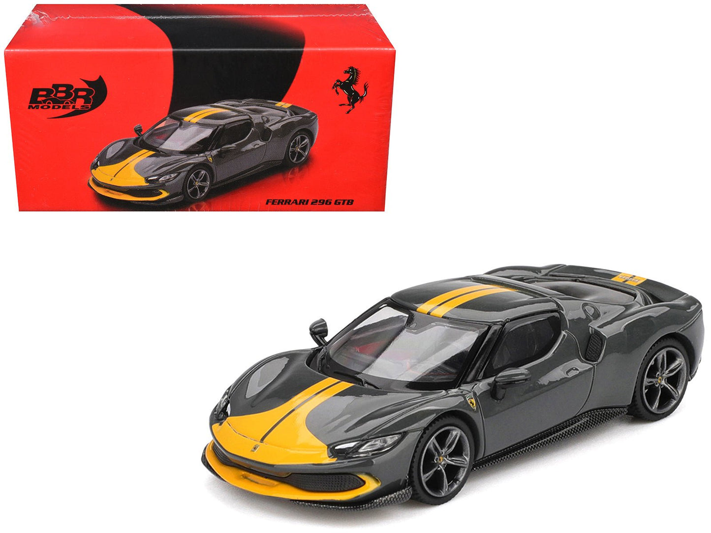 Ferrari 296 GTB Assetto Fiorano Grigio Scuro (Dark Gray) with Yellow Stripes 1/64 Diecast Model Car by BBR  free shipping USA