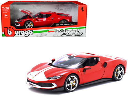 Ferrari 296 GTB Assetto Fiorano Red with White Stripes "Race + Play" Series 1/18 Diecast Model Car by Bburago  free shipping USA