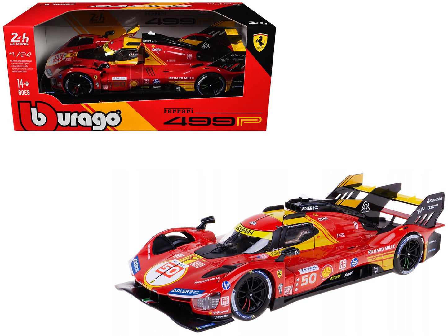 Ferrari 499P #50 Antonio Fuoco - Miguel Molina - Nicklas Nielsen "Ferrari AF Corse" Winner "24 Hours of Le Mans" (2024) "Racing" Series 1/24 Diecast Model Car by Bburago  free shipping USA