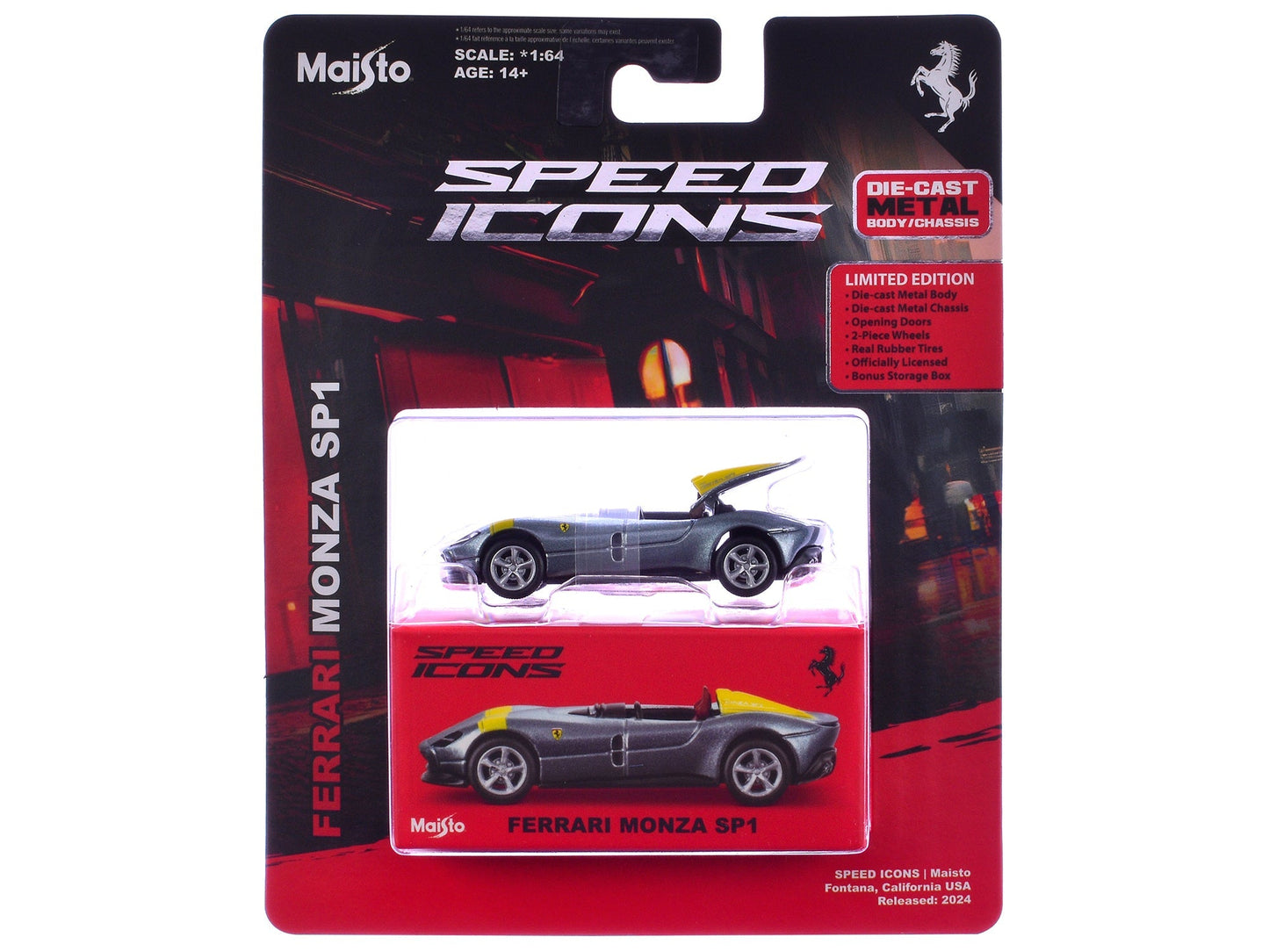 Ferrari Monza SP1 Silver Metallic with Yellow Stripes "Speed Icons" Series 1/64 Diecast Model Car by Maisto  free shipping USA