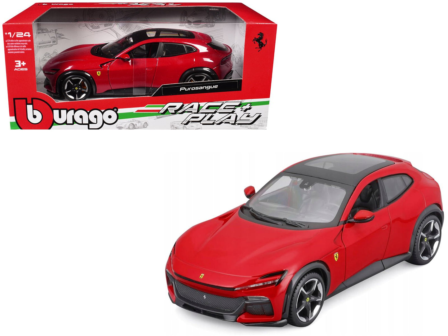 Ferrari Purosangue Red with Sunroof "Race + Play" Series 1/24 Diecast Model Car by Bburago  free shipping USA