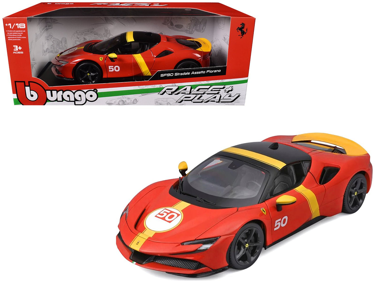 Ferrari SF90 Stradale Assetto Fiorano #50 Red with Black Top and Yellow Stripes "Race + Play" Series 1/18 Diecast Model Car by Bburago  free shipping USA