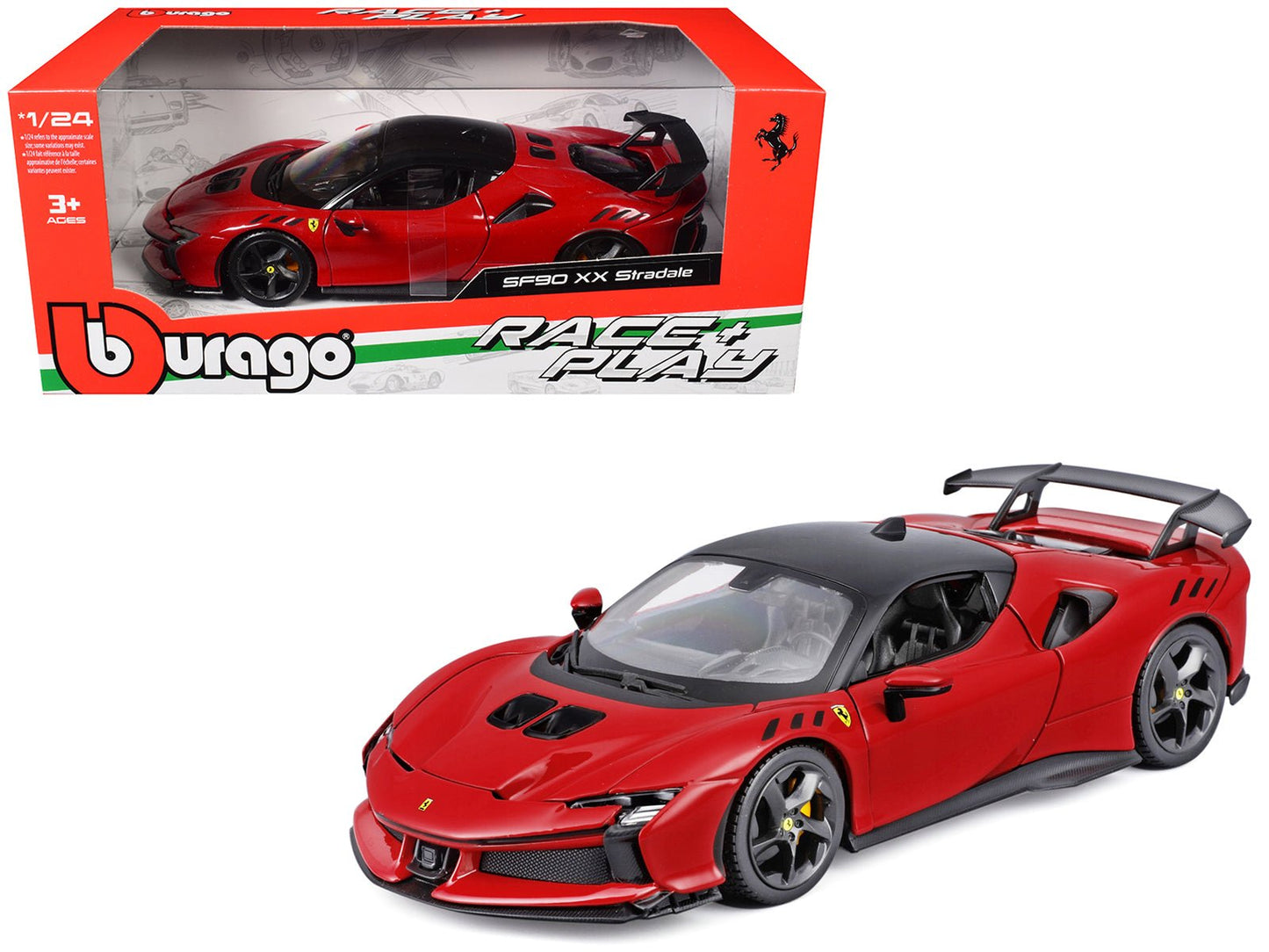Ferrari SF90 XX Stradale Red with Black Top "Race and Play" Series 1/24 Diecast Model Car by Bburago  free shipping USA