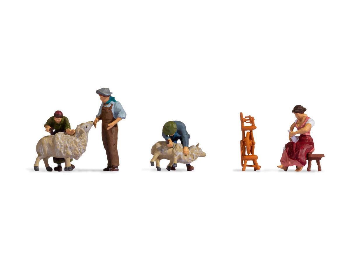 Noch 15751 HO Scale Sheep Shearing Figure Set, 4 People, 2 Sheep