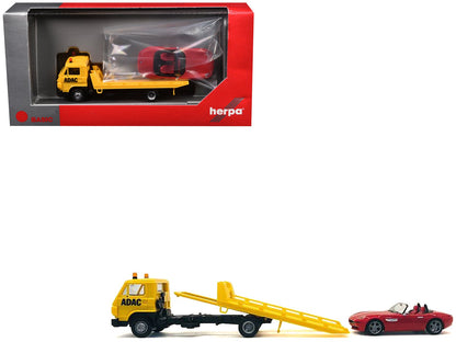 Flatbed Tow Truck "ADAC" Yellow and BMW Z4 Convertible Red Set of 2 pieces 1/87 (HO) Plastic Model Cars by Promotex  free shipping USA