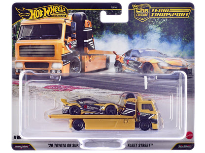 Fleet Street Flatbed Truck Yellow with Graphics and 2020 Toyota GR Supra #15 Yellow with Black Graphics "Papadakis Racing" "Team Transport - Car Culture" Series Diecast Model Cars by Hot Wheels  free shipping USA