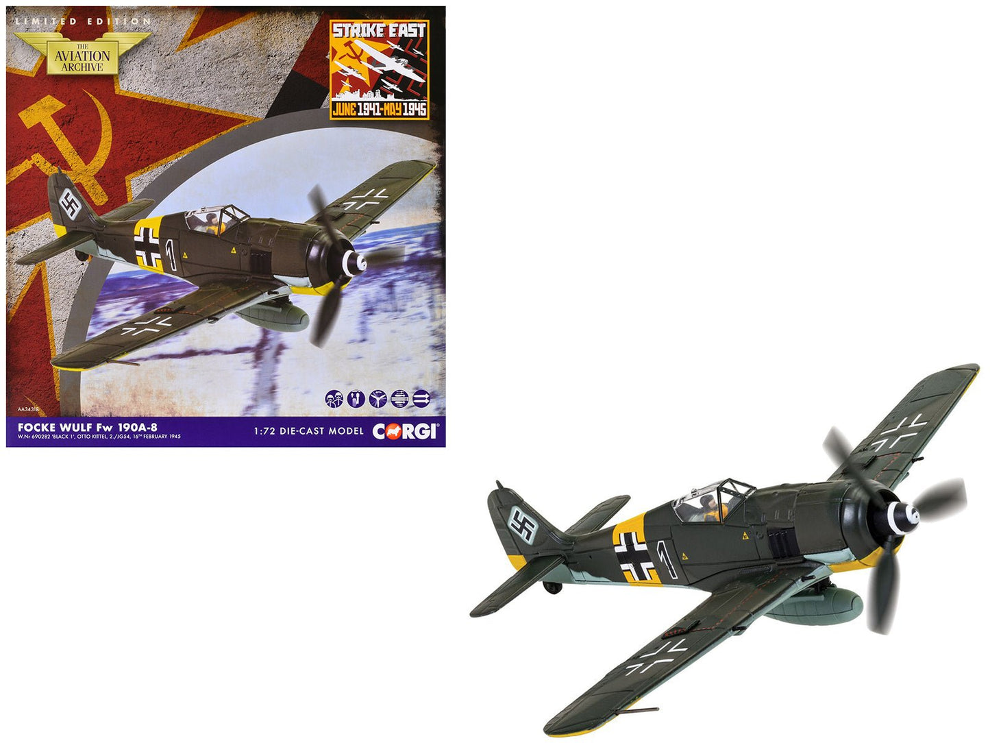 Focke-Wulf Fw 190A-8 Fighter Aircraft "Black 1 Oberleutnant Otto Kittel 2./JG54" (1945) German Luftwaffe "The Aviation Archive" Series 1/72 Diecast Model by Corgi  free shipping USA